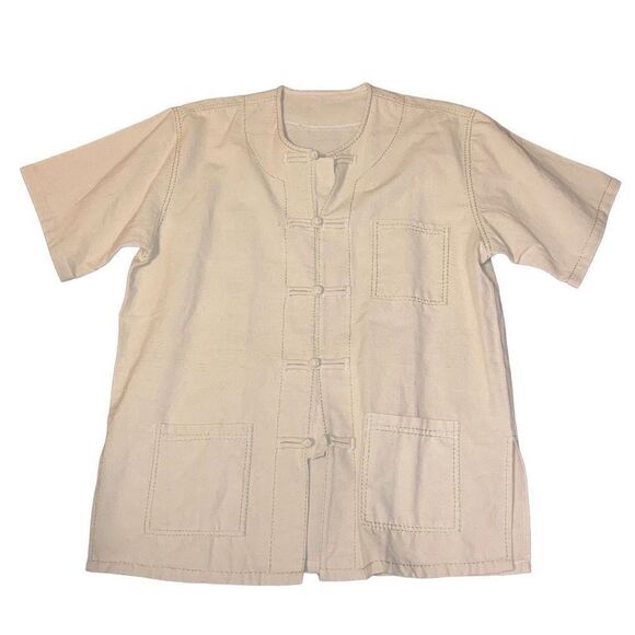 Vintage Handmade Men’s Sz XL Asian Short Sleeve Linen Shirt Jacket Thin Tai Chi - Picture 1 of 4